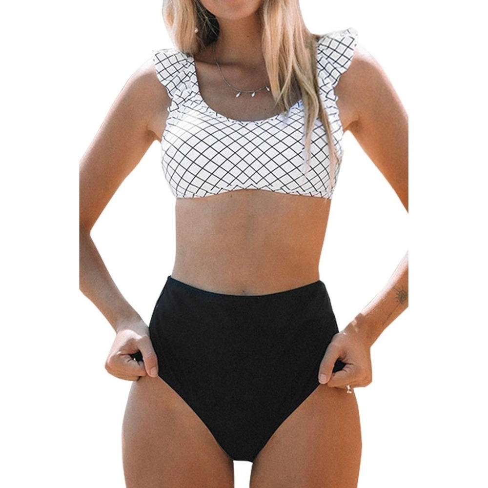 Cupshe Chic Ruffle Bikini Set – High Waisted Bottom Black & White  Swimwear‎ M